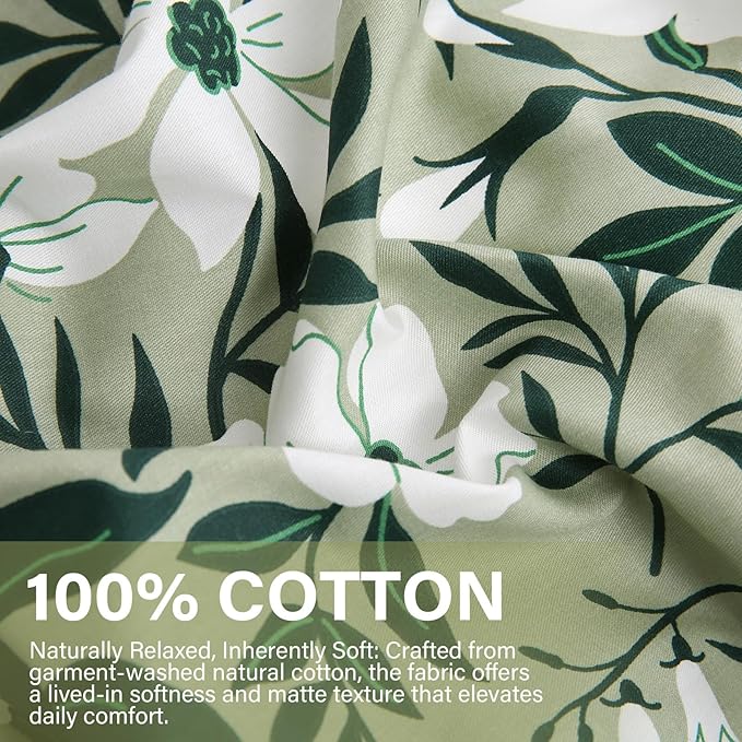 Green Floral Duvet Cover Queen 100% Cotton Decorative Emerald Comforter Cover 3 Pcs Set Dark Green Botanical Duvet Cover with Zipper Ties 2 Pillowcases Tropical Floral Bedding