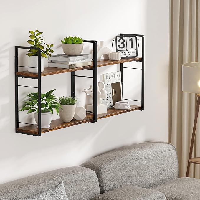 2-Layer Wall Bookshelf for Book Storage, Floating Book Shelves for Wall, Space Saver, 16in Stud Hanging Books helf, Bedside Shelf for Living Room Bedroom Office, 2 Packs-Dark Brown