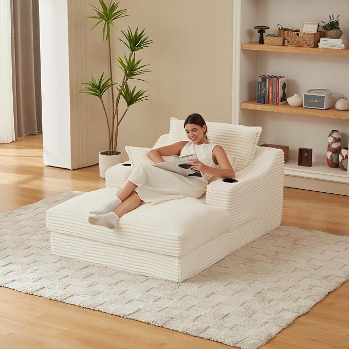 67" Oversized Chaise Lounge Chair Indoor, Corduroy Boneless Chaise Lounge with Cup Holders, 2 Side Pockets & 3 Soft Pillows, Deep Seat Sleeper Couch Reading Chair for Living Room Bedroom- Beige | Breathable material