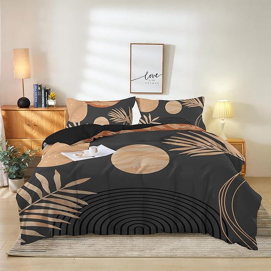 Hilioens Duvet Cover Abstract Arch Sun Modern Mid Century Boho Bedding Sets for All Seasons, 3 Pieces Home Bedroom Decorations Soft Microfiber(King,Brown