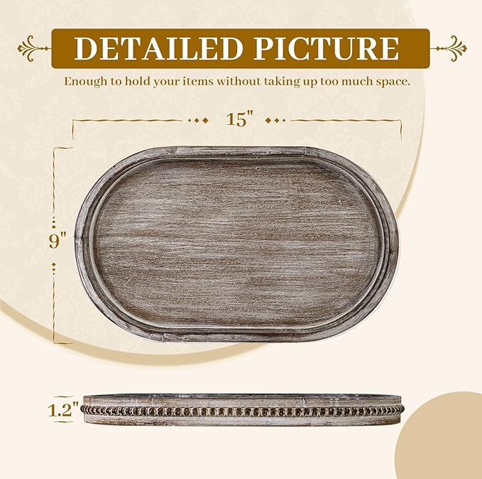 MAONAME Wood Serving Tray, Farmhouse Wooden Tray for Coffee Table, Oval Beaded Trays, Vintage Brown Decorative Trays for Living Room, Kitchen, 15" X 9" X 1.2"