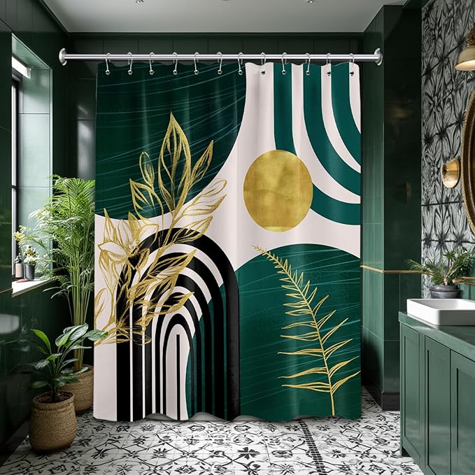 Dark Green Shower Curtain Boho Mid Century Modern Emerald Hunter Green and Gold Shower Curtains for Bathroom Decor, Waterproof Cloth Fabric with Hooks, 70" W x 84" L
