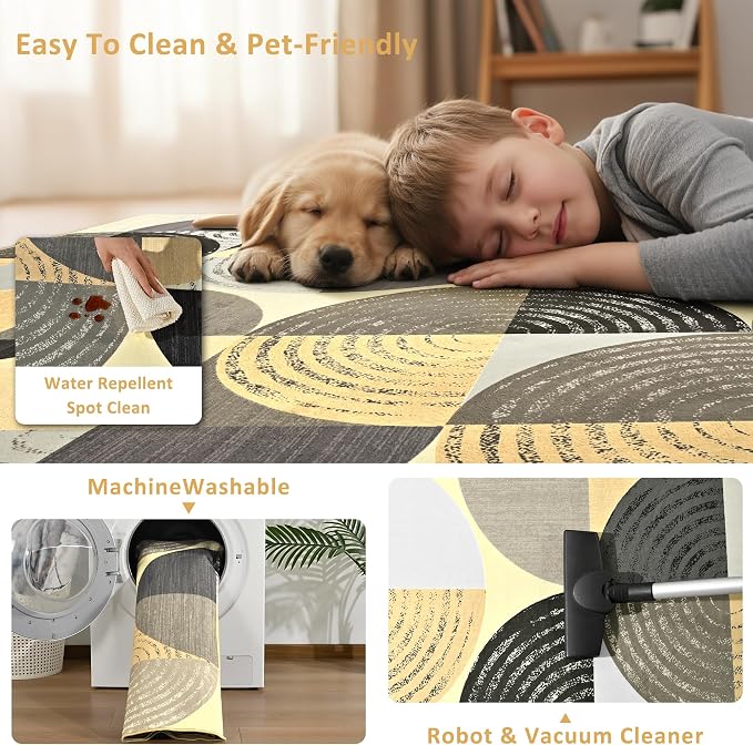 Merelax 6x9 Geometric Rugs for Living Room - Washable Non-Slip Large Bedroom Rug, Indoor Floor Carpet Low Pile Soft Area Rug for Dining Room, Mudroom, Modern Aesthetic Geometric Decor, Light Tan
