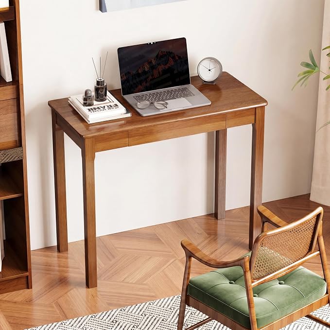 Solid Wooden Desk with Drawers - 36 x 16 Inch Narrow Desks for Small Spaces, Rubberwood Mid Century Modern Desks, Simple Vintage Study Table, Small Writing Desk for Bedroom - Walnut Color
