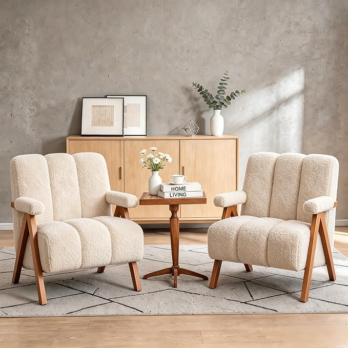 Mid Century Modern Accent Chair with Solid Oak Wood Frame, Upholstered Chenille Lounge Chair with Ergonomic Backrest and Thick Cushion for Living Room Bedroom Balcony, Set of 2, Beige