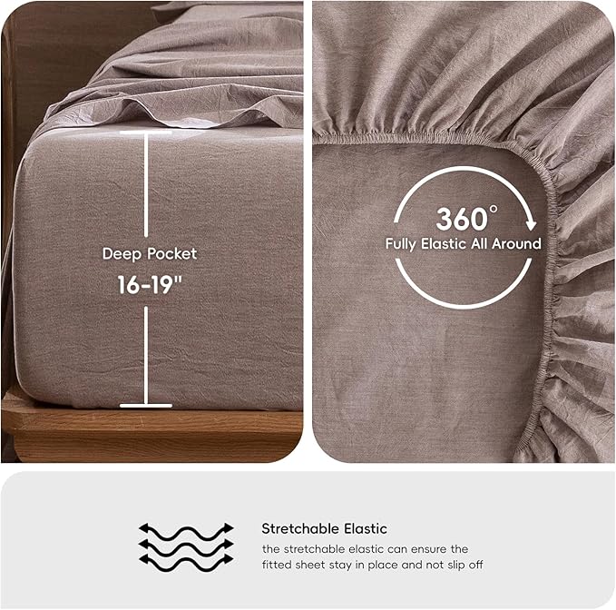 MooMee Bedding Sheet Set 100% Washed Cotton Linen Like Textured Breathable Durable Soft Comfy (Heathered Mauve Brown, Queen)