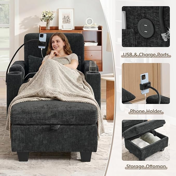Small Chaise Lounge Chair Indoor with Ottoman&Adjustable Backrest,Chenille Tufted Recliner Comfy Sofa Chair with USB,Phone Holder&Storage Arms,Convertible Sleeper Couch Bed for Living Room(37"W,Black)
