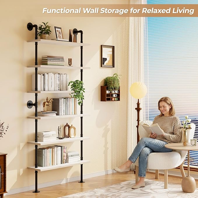 6 Tier Industrial Ladder Shelf Bookcase, Wall Mounted Rustic Bookshelf for Living Room Decor and Storage (White, 6 Tier - 10" D x 36" W x 82.5" H)
