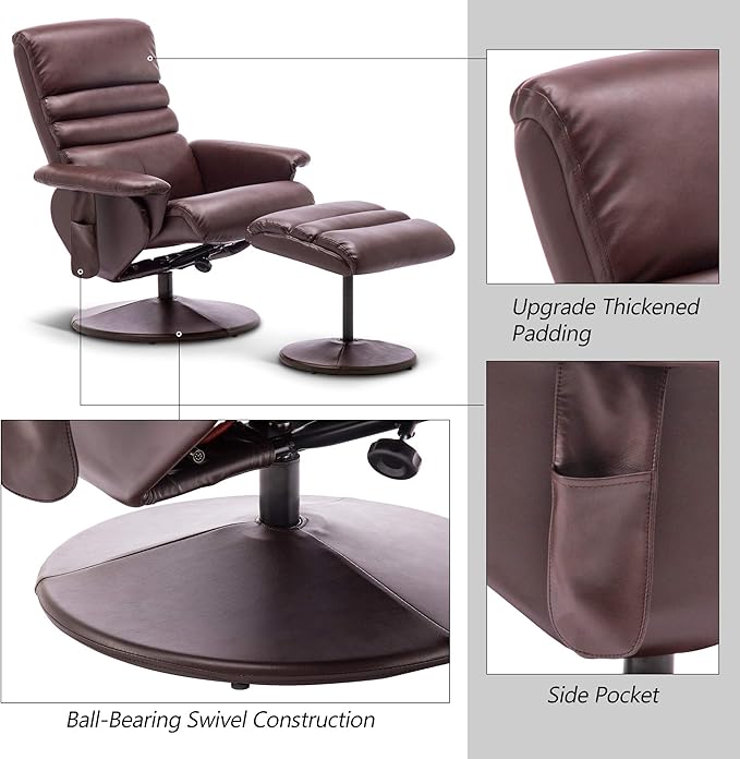 MCombo Recliner with Ottoman, Reclining Chair with Massage, 360 Swivel Living Room Chair Faux Leather, 7902 (Dark Brown)