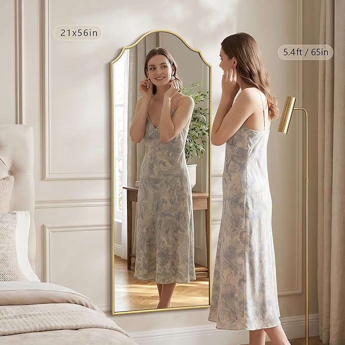 Besdomus Scalloped Full Length Mirror: 21"x56" Gold Arched Floor Mirror - Minimalist Modern Wooden Frame Body Long for Wall/Bedroom/Cloakroom/Entryway/Living Room - Home Decor for Housewife