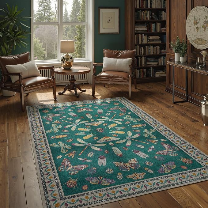 DCX 4x6 Washable Insect Rug, Vintage Gothic Deep Teal Rug with Non-Slip Rubber Backing, Soft Low-Pile, Stain-Resistant, Kid & Pet Friendly, for Living Room, Bedroom, Office, and Nature-Themed Decor