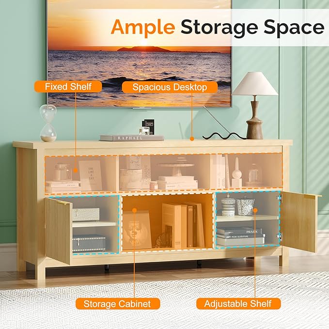 VINGLI 58" Fluted TV Stand for TVs up to 70", Modern TV Stand with Storage & Adjustable Shelves, Elegant Media Console Entertainment Center for Living Room & Bedroom, Oak