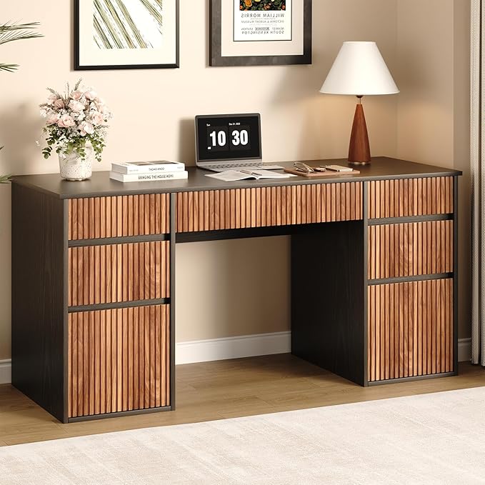 4 EVER WINNER Desk with Drawers, 58" Executive Office Desk with 7 Drawers, Computer Desk with File Drawers for Living Room, Home Office, Study Table for Bedroom, Black