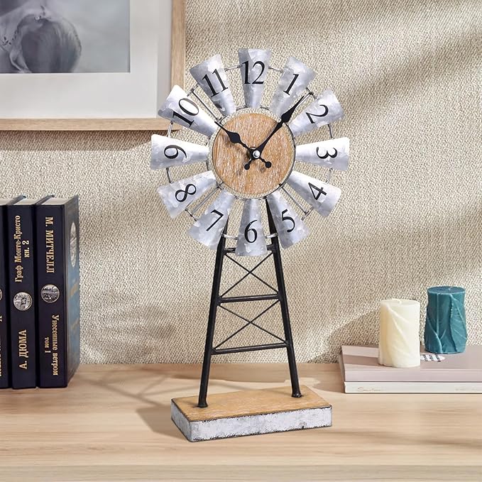 MODE HOME Rustic Windmill Table Clock for Living Room Decor, Vintage Galvanized Metal & Wood Desk Clock with Silent Quartz Movement, Farmhouse Windmill Decor for Living Room, Mantel, Shelf & Office