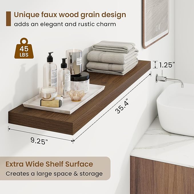 36in Floating Shelves for Wall, 36"W x 9.25"D x 1.25"H, 2 Pack Long Wall Mounted Engineered Wood Shelves with Invisible Brackets for Living Room, Bedroom, Bathroom, Kitchen Decor and Storage, Walnut
