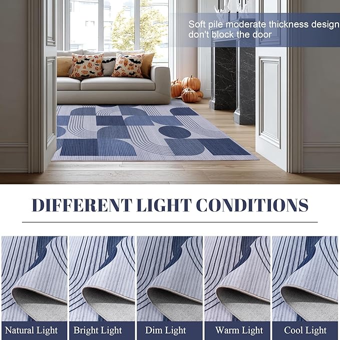 Large Machine Washable 9x12 Area Rug, Soft Modern Geometric Abstract Blue Rugs for Bedroom Living Room, Non-Shedding Faux Wool Indoor Throw Floor Carpet for Office Entryway Dining Room Decor