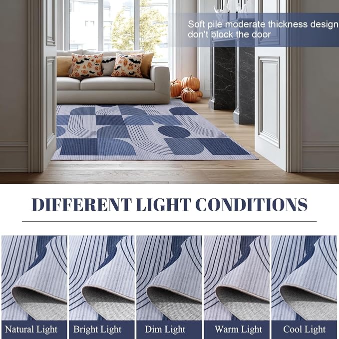 Large Machine Washable 5x7 Area Rug, Soft Modern Geometric Abstract Blue Rugs for Bedroom Living Room, Non-Shedding Faux Wool Indoor Throw Floor Carpet for Office Entryway Dining Room Decor