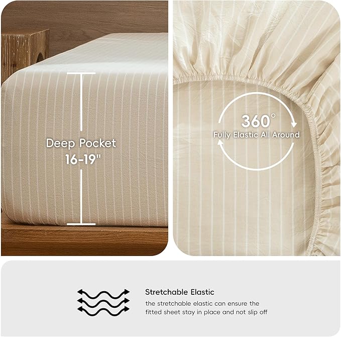 MooMee Striped Sheet Set 100% Washed Cotton Linen Like Textured Breathable Durable Soft Comfy (Almond Milk Grey White Wide Stripes, King)