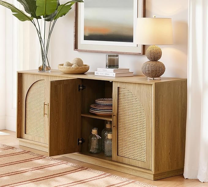 FORTUNETEC 63" Sideboard Buffet Cabinet with Storage, Modern Accent Cabinet with Rattan Arched Doors, Modular Media Console, Boho Credenza for Living Room Kitchen Dining Room Entryway, Oak