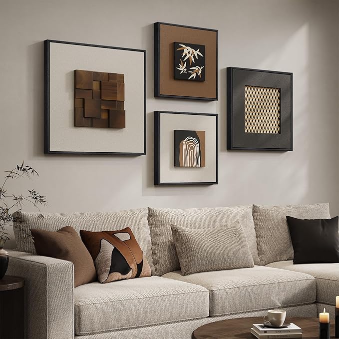 Framed 3D Wood Wall Art Decor for Living Room, 4 Piece Abstract Modern Minimalist Neutral Textured Artwork for Walls, Black Brown Beige Wall Decor for Dining Room, Hallway, Bedroom, Office