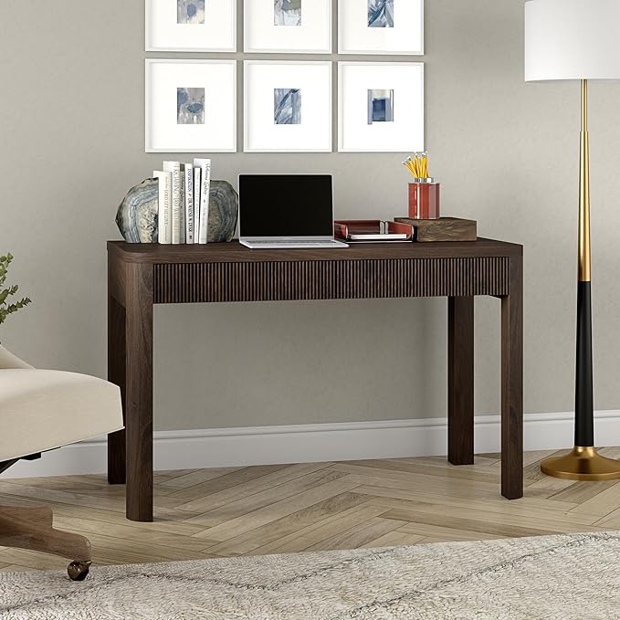 Henn&Hart 48" Fluted Modern Rectangular Home Office Desk Computer Desk Writing Table with 2 Ribbed Storage Drawers for Bedroom, Living Room, or Home Office, Rich Brown