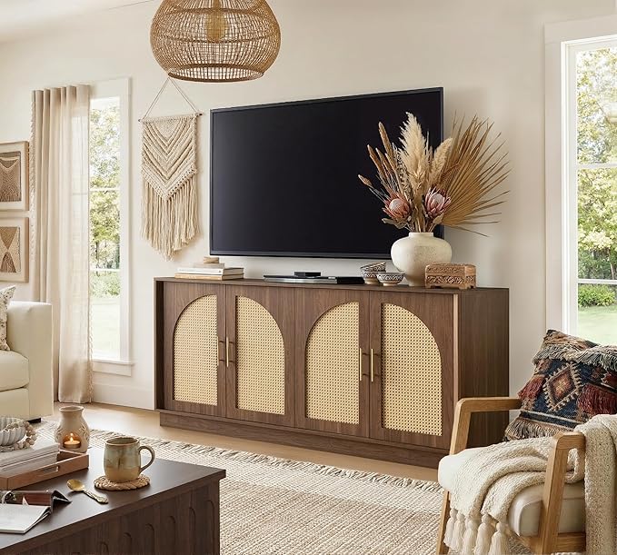 FORTUNETEC 63" Sideboard Buffet Cabinet with Storage, Modern Accent Cabinet with Rattan Arched Doors, Modular Media Console, Boho Credenza for Living Room Kitchen Dining Room Entryway, Walnut