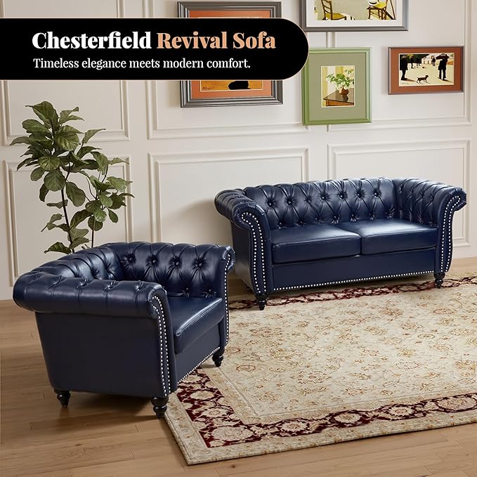 LEVNARY Chesterfield Armchair, Tufted Leather Accent Chair, Mid-Century Modern Single Chair with Rolled Arms and Nailhead Trim, PU Leather Reading Chair for Living Room (Blue)