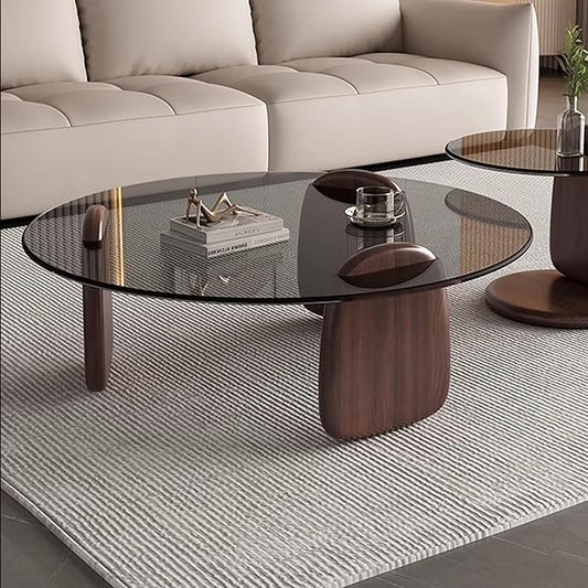 EASYSOUL Modern Round Coffee Table with Glass Top, 27.56" D x 27.56" W x 14.69" H, Circular Tea Tables for Living Room Home Office Industrial Cocktail Tables (Walunt-Grey Glass/27.56")