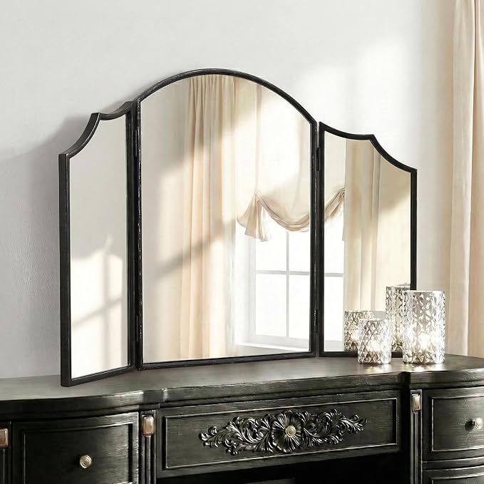 Besdomus Black Scalloped Dresser Mirror: 36"x24" Large Modern 3 Way Trifold Vanity Miror - Minimalist Wood Frame Three Sided for Bedroom/Cloakroom/Dressing Room - Home Decor for Housewife