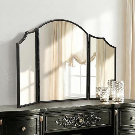 Besdomus Black Scalloped Dresser Mirror: 36"x24" Large Modern 3 Way Trifold Vanity Miror - Minimalist Wood Frame Three Sided for Bedroom/Cloakroom/Dressing Room - Home Decor for Housewife