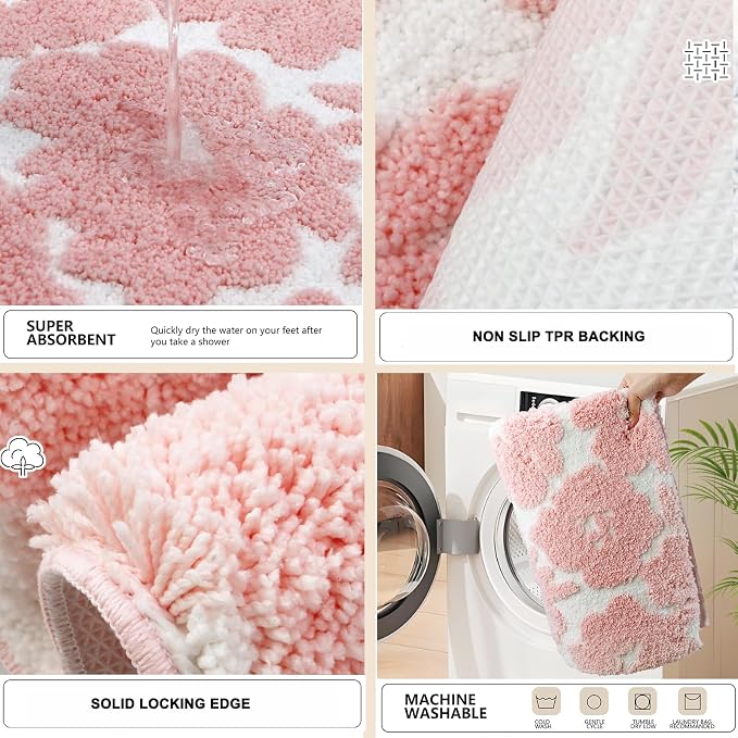 Civkor Pink and White Bathroom Rug, Tufted Flower Bath Mat for Bathroom with Non Slip TPR Backing, Quick Dry Microfiber Surface, Soft and Super Water Absorbent Bath Rug, 24x16Inch