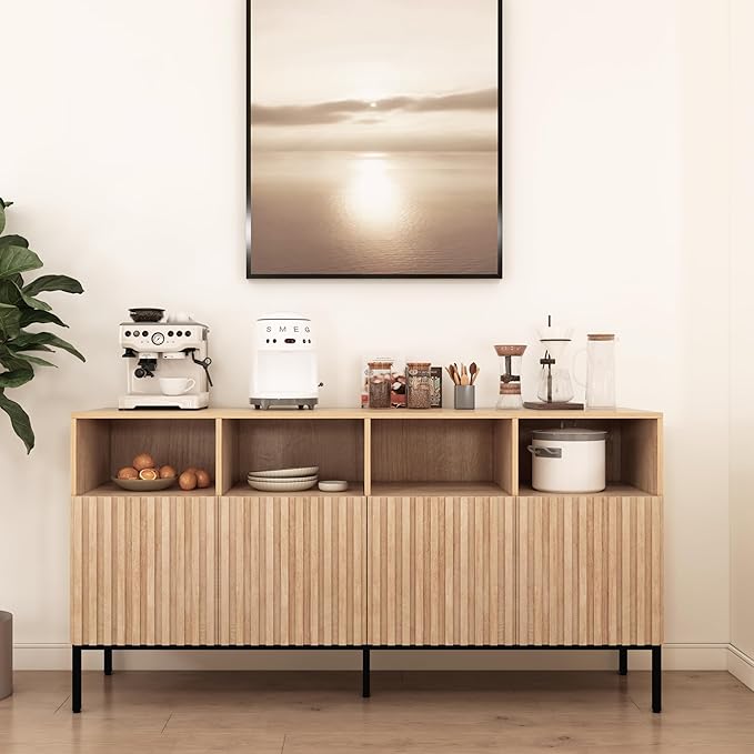 Oxford Fluted Storage Cabinet, Sideboard Buffet Credenza with Doors, Accent Console for Living Dining Room, Entryway, Natural Oak
