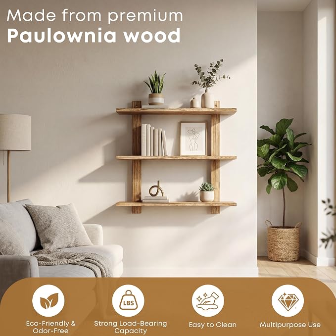 PHOENANCEE 3 Tier Floating Shelves,Long Wall Shelf,Over The Toilet Shelves Bathroom Hanging Display Storage Rustic for Living Room Bedroom Kitchen Office Coffee Bar Decor Decorative,24 Inch