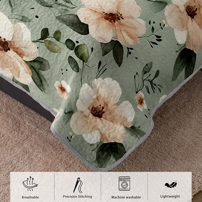 AILONEN Twin Quilted Comforter Set 3 Piece Sage Green Floral Bedspread Coverlet 2 Pillowcases Soft Botanical Bedding Kids Dorm Room Vintage Cottagecore Shabby Chic Rustic Nature