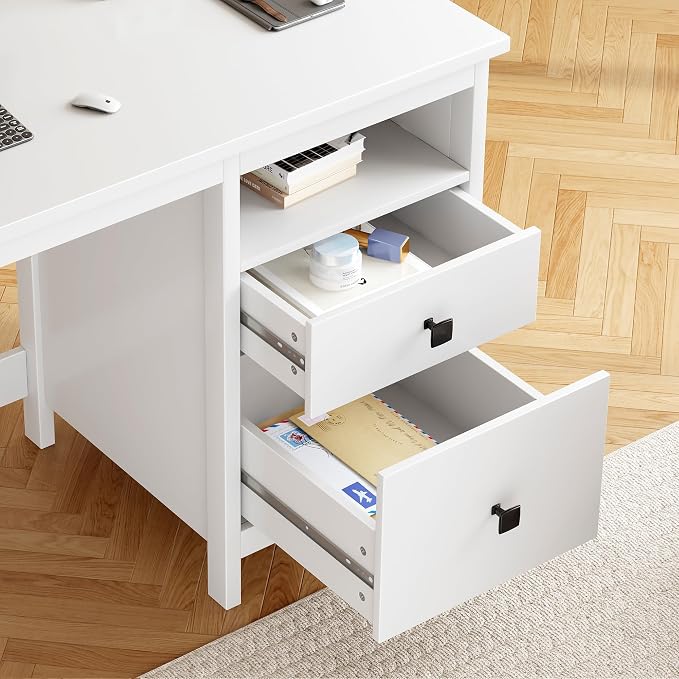 BHG Farmhouse 47" Executive Desk,Modern White Computer Desk with Storage Drawers for Home Office, Makeup Vanity Desk Dressing Table for Bedroom,Filing Cabinet Writing Table PC Desks for Study