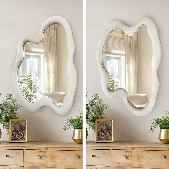 Irregular Wall Mirror Asymmetrical Mirror, White Wavy Mirror with Flannel Frame, Decorative Wall Mirror for Bedroom, Livingroom, Entryway, 28"x 36"