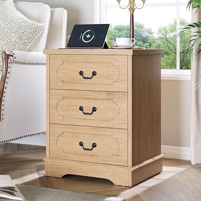 LIDYUK 3 Drawer Dresser for Bedroom Farmhouse Natural Wood Chest of Drawers Bedroom Dresser with Charging Station, Rustic Small Drawers Dressers Nightstand Wooden Closet Storage Cabinet, Living Room