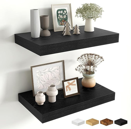 Fun Memories Black Floating Shelves for Wall - 10 x 16 Floating Shelf - Rustic Wood Storage Shelf - Wall Shelves with Invisible Bracket - 16" Bookshelves for Living Room & Bedroom - Black - Set of 2