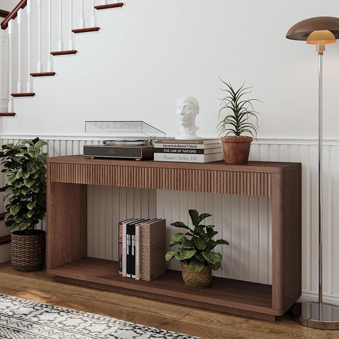Wood Console Table, 59.8" Retro Long Sofa Table Behind Couch with 2 Fluted Drawers, Farmhouse Wooden Narrow Sofa Table Hall Table for Living Room Foyer Entrance Entryway, Walnut