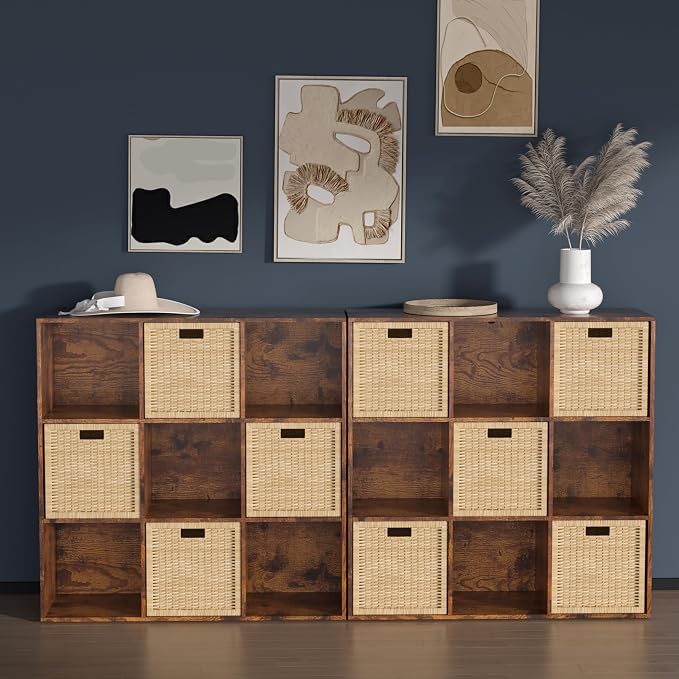 Wooden 9 Cube Storage Organizer with Closed Back Panel,Brown Cube Shelf Cubby Storage Organizers with Compartments for Living,Bookshelf,Organizers Easy to Install (Retro Brown, 9 Cube)