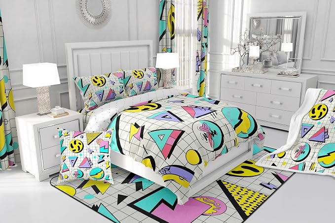 Memphis Style Duvet Cover Full Abstract Colorful Design with Dots Funky Bedding Set for Kids Child Girls Vintage Eighties Comforter Cover Memphis Fashion Bed Sets 80'S Style Retro 1980s Home Decor