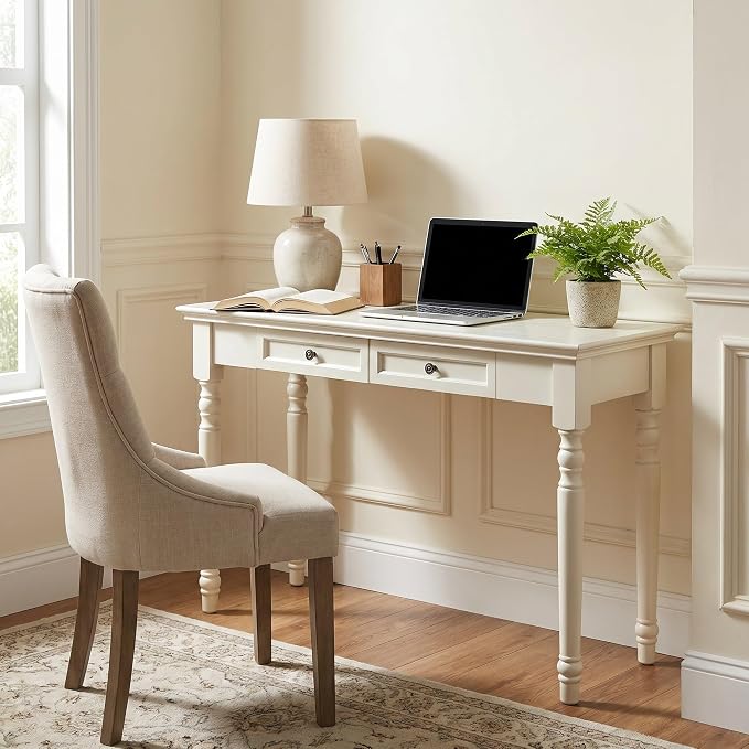 47" Narrow Solid Wood Writing Desk with Drawers, White French Country Style Computer Desk for Home Office, Living Room or Study