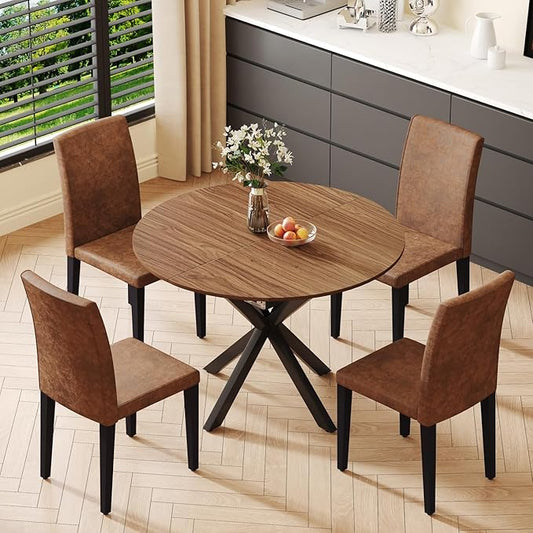 Round Dining Table Set for 4, 43-59" Extendable Dining Room Table Set, Walnut Wood Grain Table and 4 Brown Suede Upholstered Chairs Set, Mid Century Modern Kitchen Table Set with Cross Legs