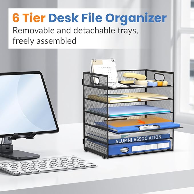 Daltack 6 Tier Paper Organizer for Desk, Paper Letter Tray Organizer for Desks, Mesh Desk File Organizers with Handle for Office, Home, School, Classroom, Black
