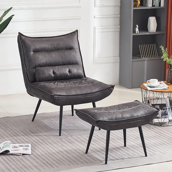 MCombo Wingback Accent Chair with Ottoman, Modern Bronzing Fabric Upholstered Club Chair for Small Space, Living Room 4400 (Dark Grey)