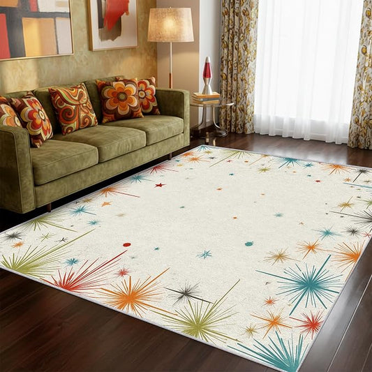 Mid Century Modern Rug Square 8x8 50s 60s Retro Starburst Pattern Area Rugs for Living Room, Bedroom, Mid Century Modern Home Decor Accessories Indoor Carpet, Non Slip & Machine Washable