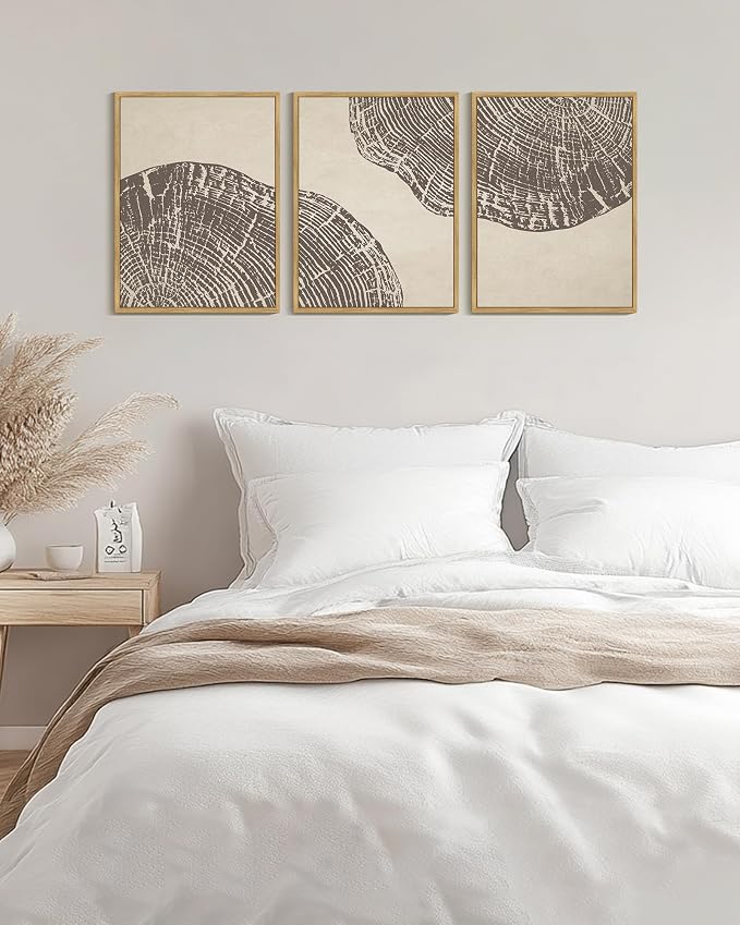 KUVIOKE Framed Tree Rings Wood Wall Art Modern Retro Beige Wood Stump Wall Decor Nature Rustic Art Print for Farmhouse Living Room Bedroom 12x16in (Natural Framed)