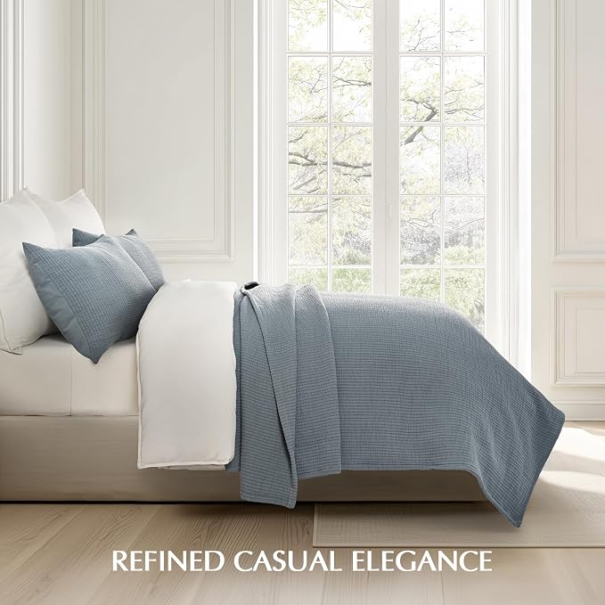 EVERGRACEHOME Cotton Gauze Full Queen Bedspread, Ultra Soft Prewashed Pick Stitch Matelassé Coverlet, Lightweight Oversized Queen Quilt Bedding Set for All Season, w/ 2 Shams, Dusty Blue