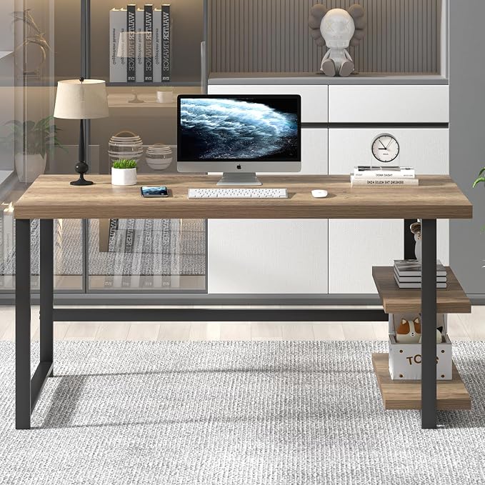 FOLUBAN Computer Desk, Modern Home Office Desk with Storage Shelves, Writing Study Gaming Table for Living Room Bedroom, Rustic Oak, 53 Inch