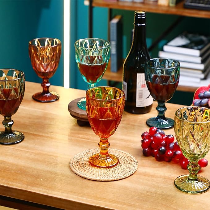 Set of 12 Vintage Glass Goblets Bulk 10 oz Multi Colored Stemware Wine Glasses Crystal Stemmed Drinking Glasses Cups Diamond Pattern Glassware Set for Party Wedding Bar Water Juice Beverage 6 Colors